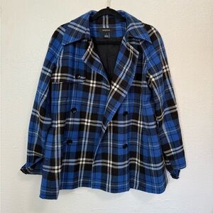 Cobalt Blue Tartan Plaid Preppy Peacoat Size Small Acrylic Wool blend